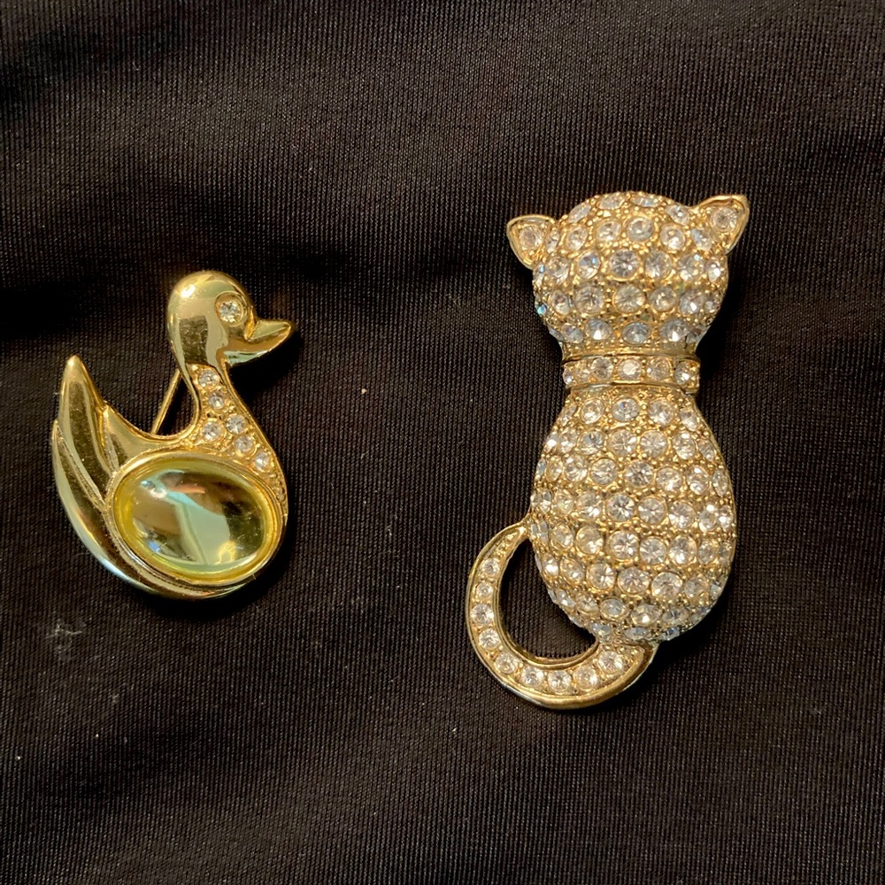 Vintage Rhinestone Cat and Duck Brooches
